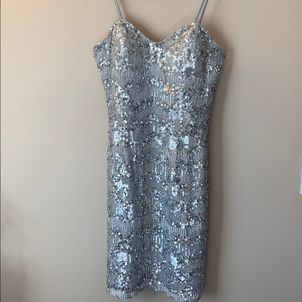 Silver Sequin Beaded Cocktail Dress